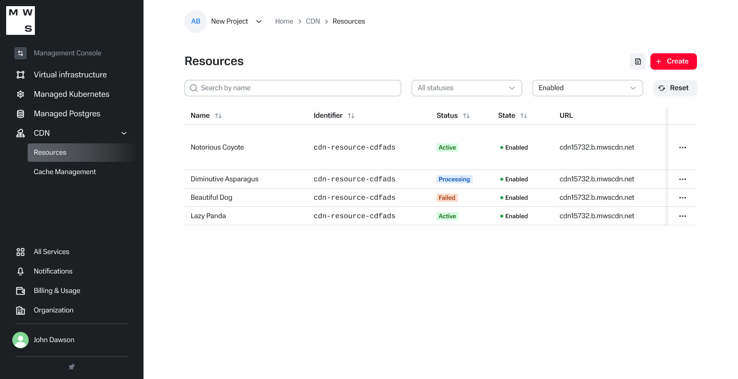CDN resource list with active and failed states