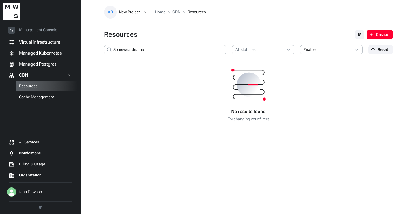 No results state in CDN resource list